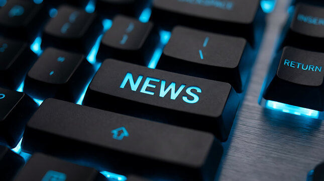 Close up of a black computer keyboard with a glowing blue news key for digital journalism and online media concept.
