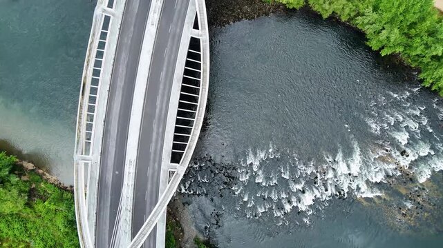Aerial top down view of millennium bridge in ourense, spain