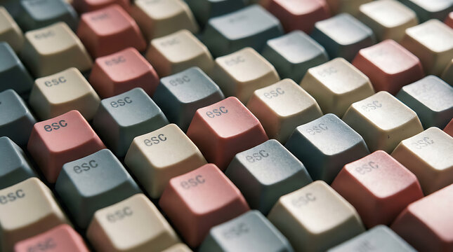 Mechanical keyboard with multiple escape keys in muted colors representing burnout and the need for an exit strategy.