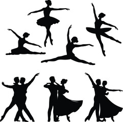 Ballet and ballroom dancers silhouette collection with graceful poses and partner dance isolated on white background © SreeRupali