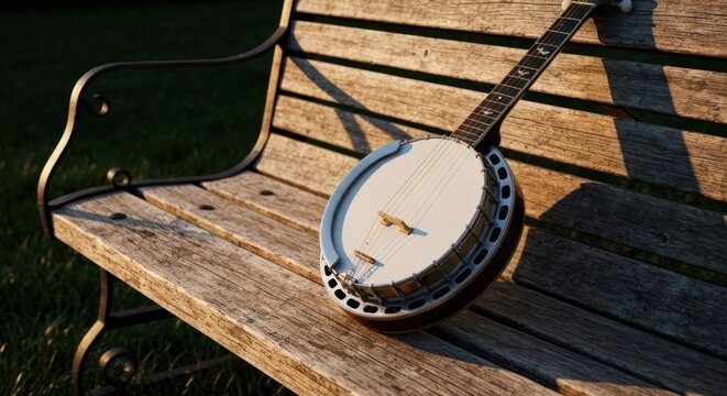 A banjo rests on a weathered wooden park bench in the golden sunlight