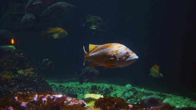 A close up shot of a school of red bellied piranhas (Pygocentrus nattereri) swimming gracefully in the clear water of an aquarium. The fish, with their distinctive dark bodies and reddish undersides, 