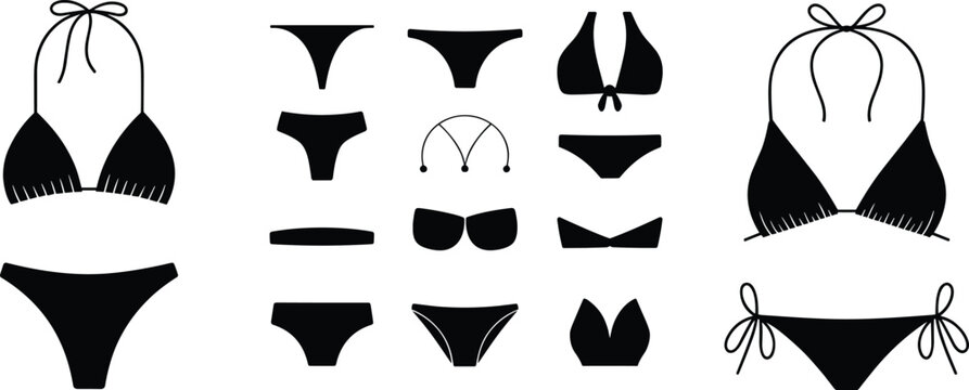 Black silhouettes of bikini sets and women swimwear collection isolated on white background summer fashion beachwear concept