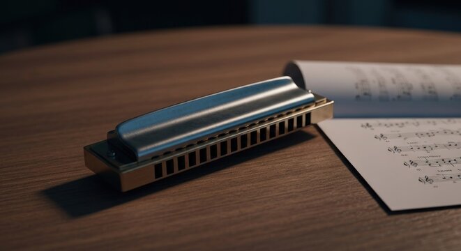 A harmonica rests on a wooden table next to sheet music