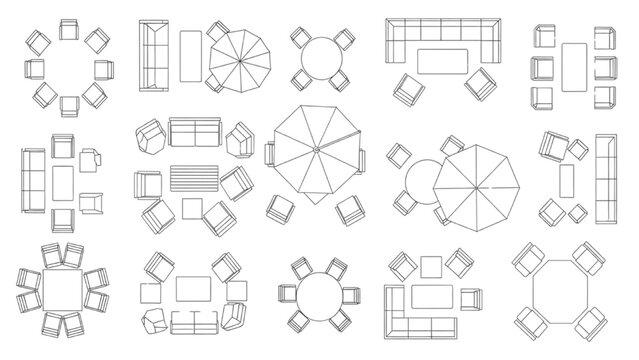 Modern Outdoor Seating Arrangement Layouts with Cafe Tables and Lounge Furniture Top Views