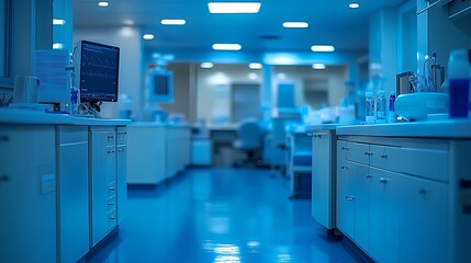 Fototapeta premium Modern Medical Research Lab Sterile Blue Ambiance Advanced Equipment.