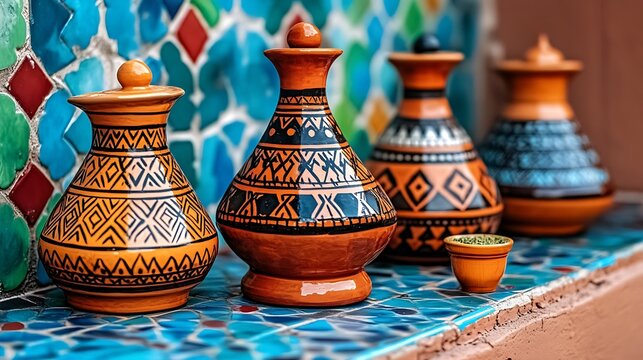 Moroccan Handcrafted Pottery Jars with Geometric Patterns on Colorful Zellige Tile.
