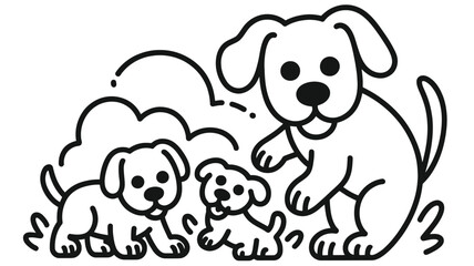 Naklejka premium A charming black and white illustration of a mother dog with her puppies