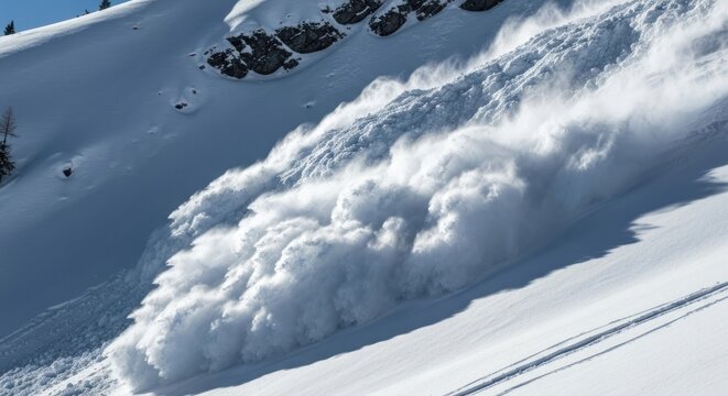A powerful avalanche erupts on a snowy mountain slope