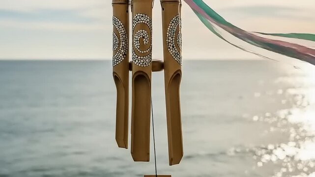 Decorative wooden wind chimes by ocean.