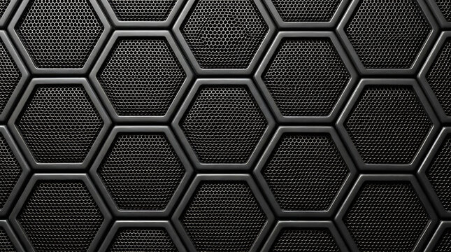 Black metallic hexagonal honeycomb pattern with perforated mesh texture for industrial or futuristic background
