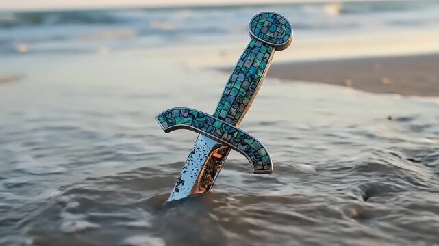 Excalibur Sword on Sandy Beach.