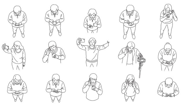 Aerial view illustrations of people using mobile phones and smartphones