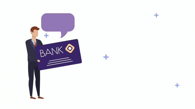 Businessman in formal suit holding large credit card with speech bubble motion graphics.