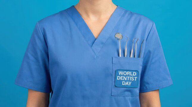 Close up of a dentist's blue scrub top with dental tools in the pocket medical professional