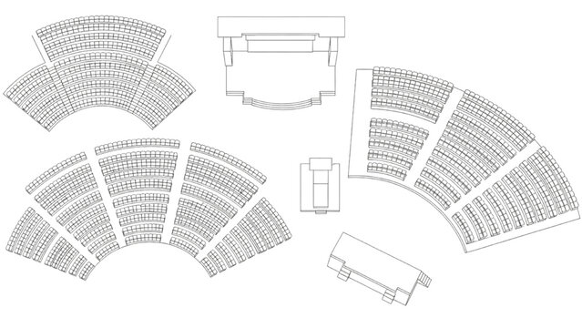 Blueprint layouts of auditoriums and venues, illustrating diverse seating and stage designs for public assembly