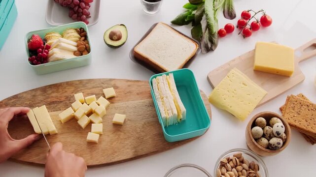 Cheese and sandwich meal prep with fresh snacks on table