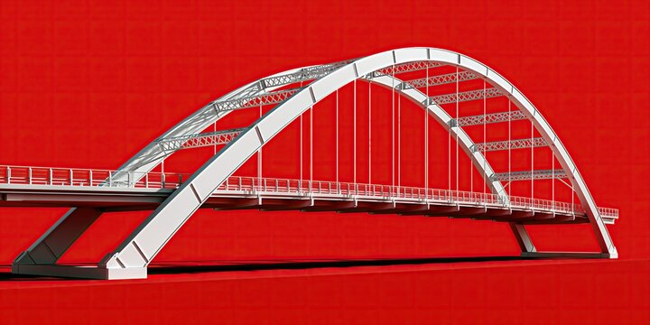 Modern white steel double arch bridge structure presented against solid vibrant red background showing clean modern architectural engineering design