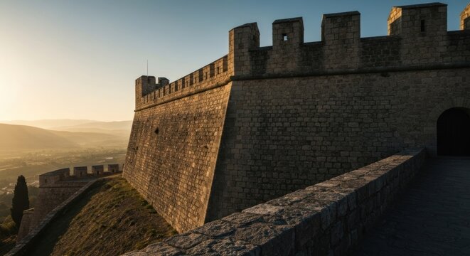 Ancient stone fortress at sunrise overlooking a valley