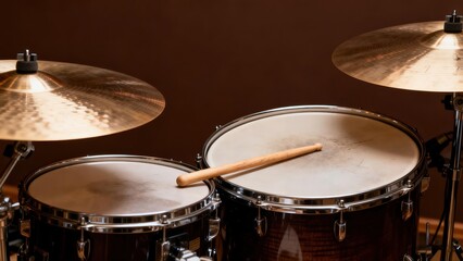 Obraz premium Close up shot of two wooden toms with drumstick resting on the head next to golden cymbals against plain warm brown wall background in music studio
