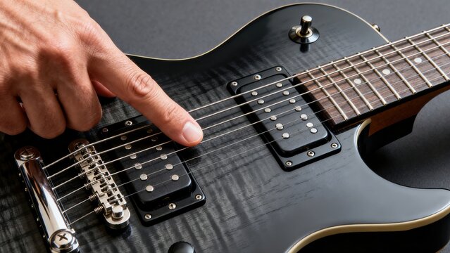 Close up of musician hand pressing strings on black solid body electric guitar showing process of playing rock music on string instrument