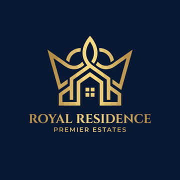 A luxurious logo representing a premier real estate agency, showcasing a striking crown and house design elements that symbolize opulence and high-end property services.