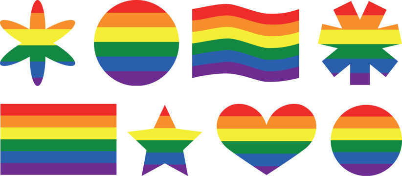 Rainbow pride flag collection of geometric shapes, colorful LGBTQ symbols including stars and hearts for community support, vibrant diversity design elements for pride month celebration and awareness