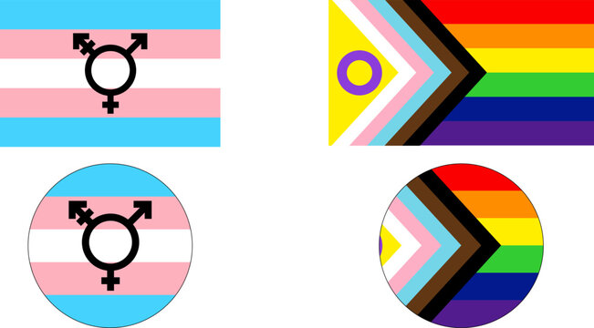 Transgender and progress pride flag icons, inclusive LGBT symbols and gender signs, diversity and equality identity set