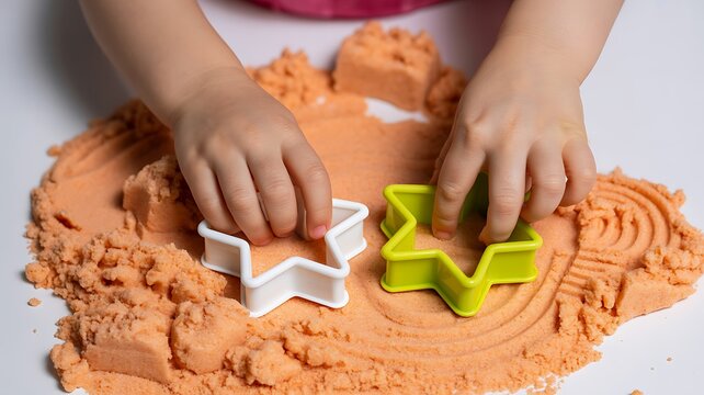 A child's hands shape orange sand with cookie cutters on a table.