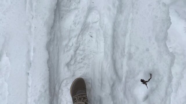 A foot steps through soft, untouched snow, creating a visible path while showcasing the texture and depth of the winter landscape surrounding the action