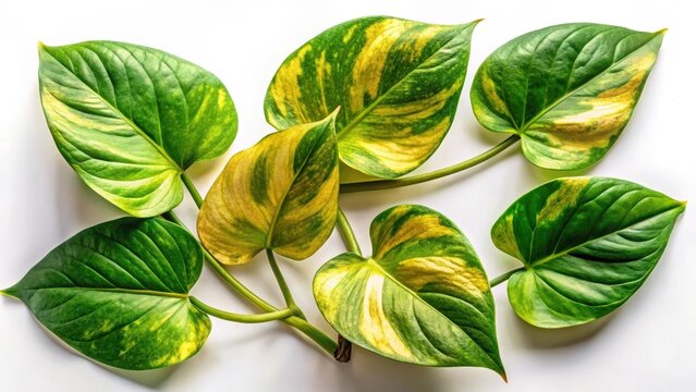 A photo of a set of golden pothos leaves on a pristine white background. The leaves are vibrant and lush, showcasing their rich green tones with a sli