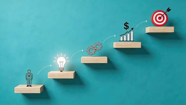 Business success path with businessman idea light bulb gears growth chart and target on wooden steps against blue background concept of strategy planning and achievement