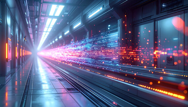 Digital Data Stream in Futuristic Tunnel: A dazzling data stream surges through a sleek, modern tunnel, illuminating the path with a vibrant display of digital information. The scene embodies speed.