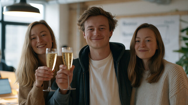 Startup team of three celebrating a first paid customer milestone in their modest shared office with sparkling water, laptops still open behind them, handmade revenue tracker on