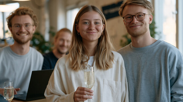 Startup team of three celebrating a first paid customer milestone in their modest shared office with sparkling water, laptops still open behind them, handmade revenue tracker on