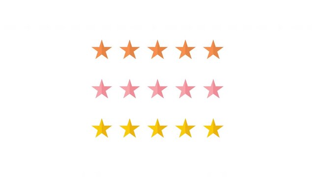 Animated orange, pink, and yellow five star rating on transparent background