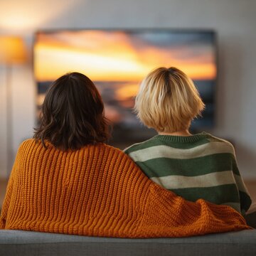 Two friends with arm around watching screen in living room