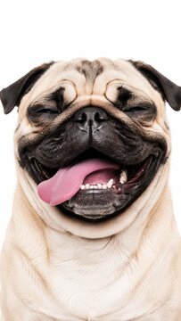 Close-up portrait of a happy pug dog with tongue out and expressive eyes, isolated on a white background. Cute flat-faced puppy with wrinkled face and playful expression in a clean studio-style