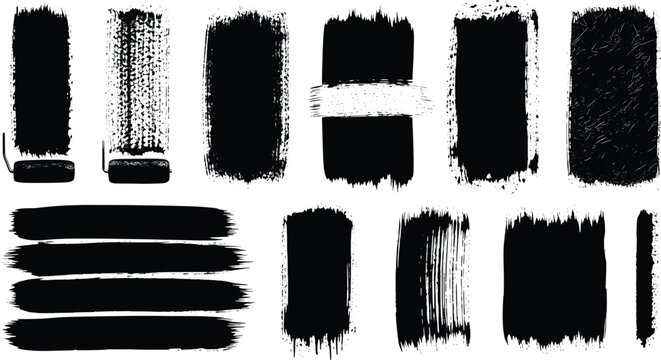 Collection of black grunge paint brush strokes and roller texture elements for abstract background design art creative work.