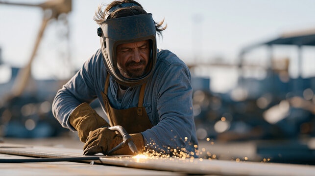 Young male thermal cutting operator safely trimming reclaimed structural steel at metal recovery and fabrication facility, full face shield and protective gloves worn, neatly