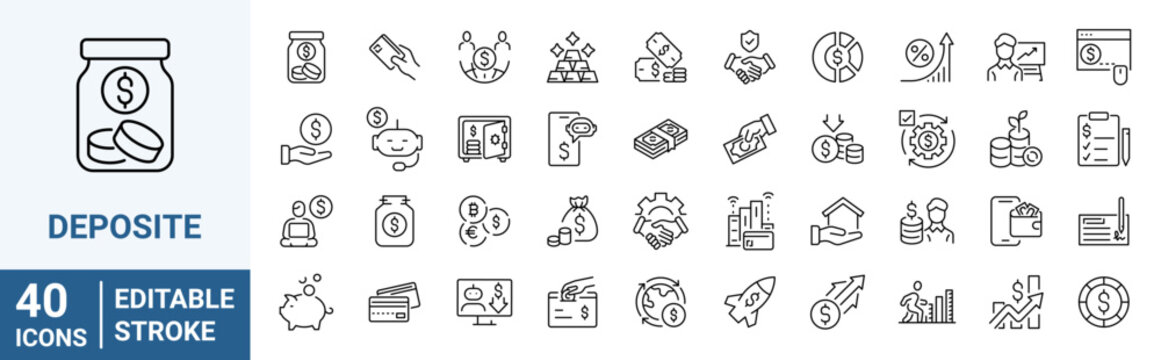 Deposite investment web icons in line style. income, money, business. Outline icon collection. Editable stroke. Vector illustration