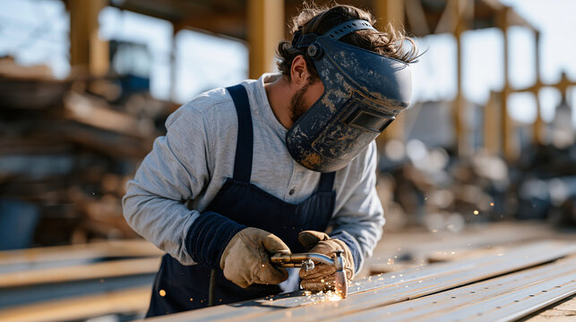 Young male thermal cutting operator safely trimming reclaimed structural steel at metal recovery and fabrication facility, full face shield and protective gloves worn, neatly