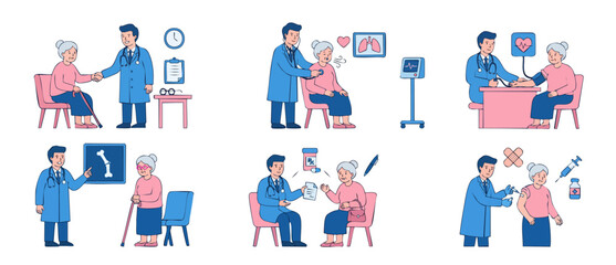 Fototapeta premium Doctor Examining Senior Patient Set, Professional Medical Consultation and Checkup Scenes with Elderly Woman, Health Care Services and Physical Examination Vector Illustration Concept for Clinic Desig