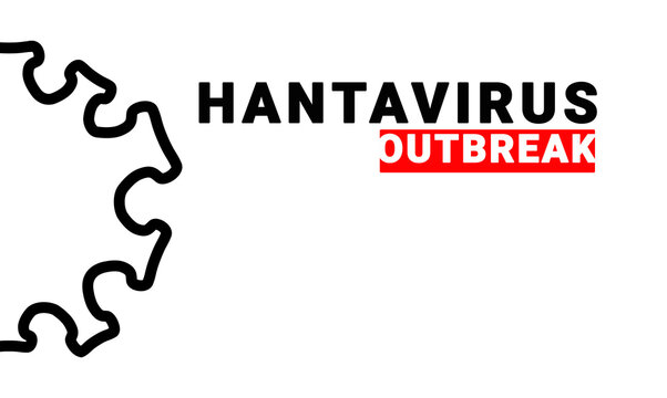 Minimal black and white design with bold Hantavirus Outbreak text, red highlighted word and abstract black wavy virus structure outline on white background