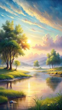 A photo of a serene landscape featuring soft pastel colors blending into light watercolors, capturing the essence of a sunny day The scene is complet