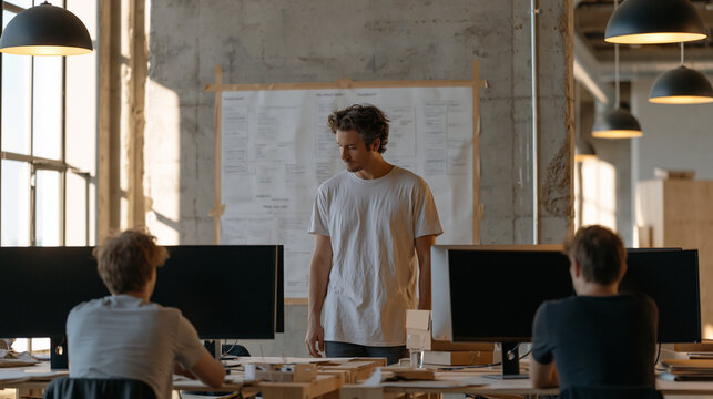 Wide shot of a startup's first physical office move-in day, three founders arranging monitors on flat-pack desks in an empty industrial space, product roadmap taped directly to a