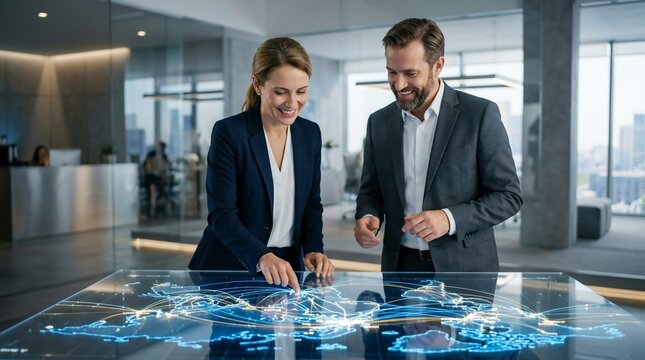 Business people analyzing digital map data.