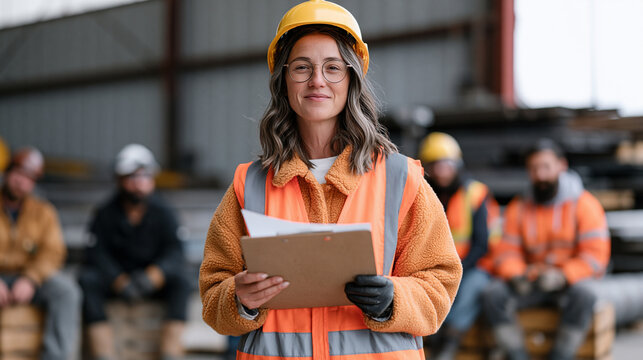 Female occupational health specialist delivering toolbox talk on vibration exposure limits to gathered floor workers seated on crates inside functioning metal fabrication