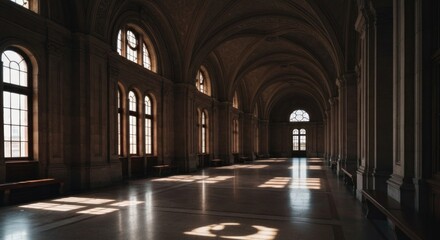 Obraz premium Empty, sunlit, arched hallway of a grand building