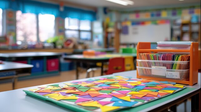 Multicolored geometric paper shapes are scattered on a classroom table next to an organizer.